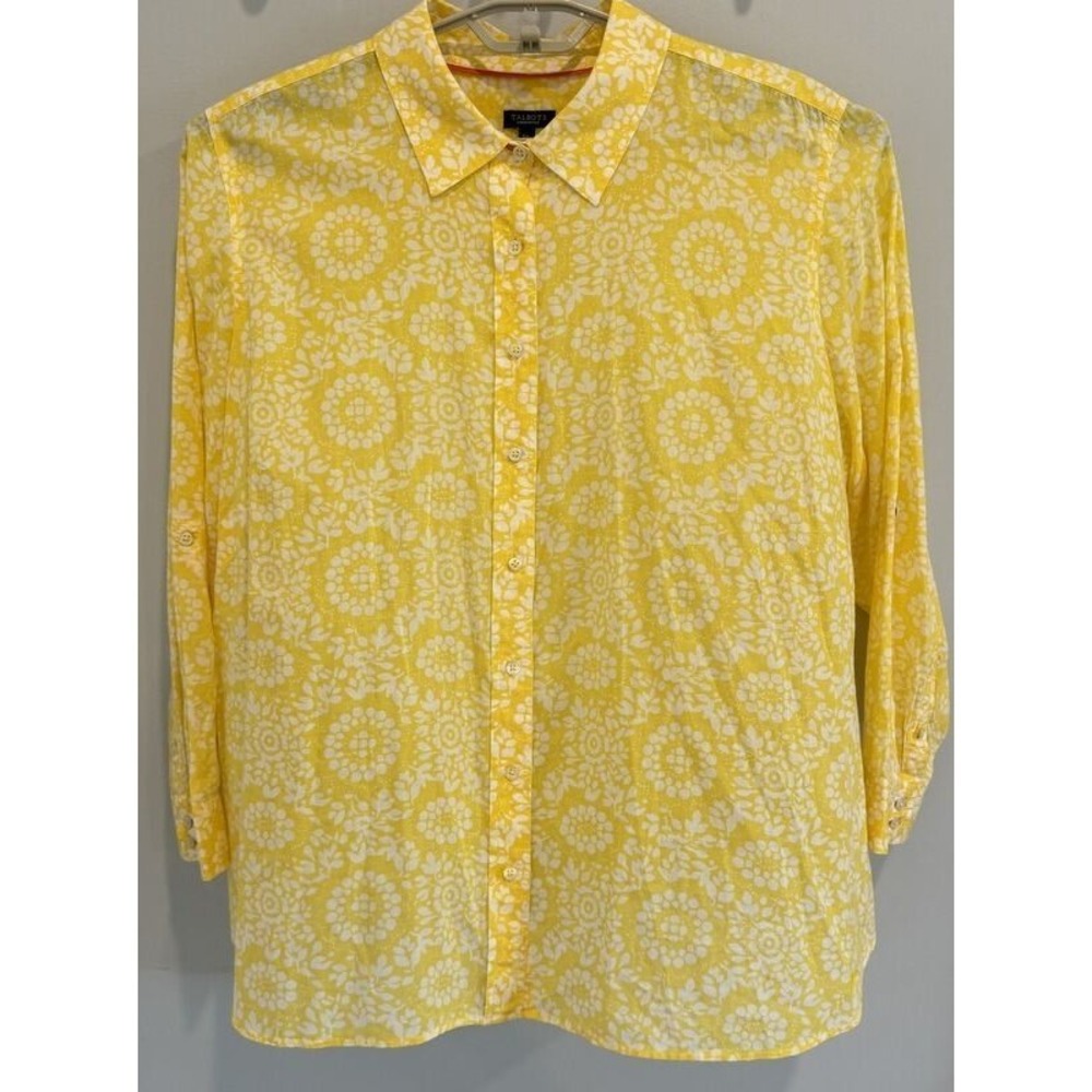 Talbots Summer Lightweight Long Sleeve‎ Button Front Shirt 2Xp Yellow White